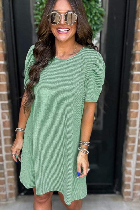 Corded Knit Crew Neck Puff Sleeve Shift Mini Dress